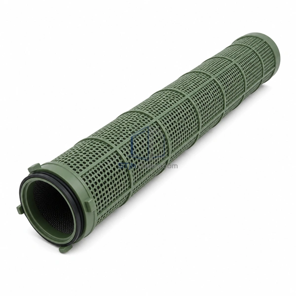 STJH-CHEMICAL-FILTER-CARTRIDGE-148X595 long green perforated chemical filter cartridge on a white background