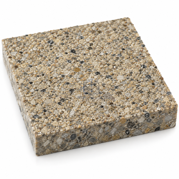 STJH MORTAR-6MM novolac epoxy floor sample with a dense graded-aggregate body visible at the cut edge on white