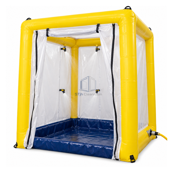 STjh compact 2000 mm inflatable chemical-suit decontamination shower with yellow frame and blue containment sump