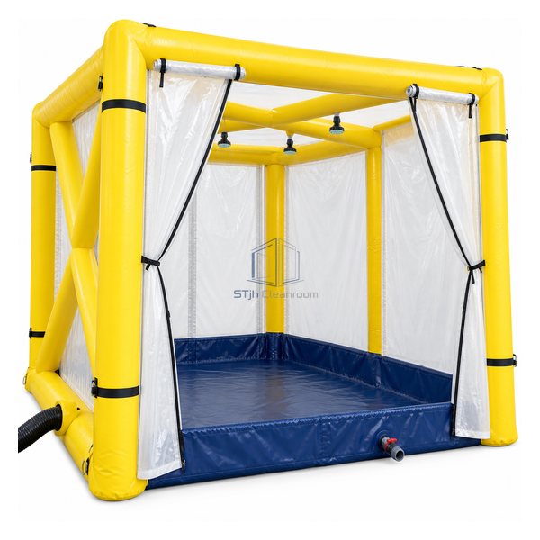 STjh wide 2500 mm inflatable chemical-suit decontamination shower with reinforced yellow frame and large blue sump