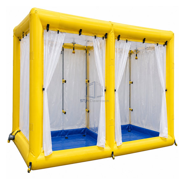 STjh dual-section 3000 mm inflatable chemical-suit decontamination tunnel with two connected yellow treatment bays