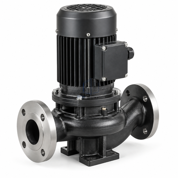 STjh DN50 0.75 kW chilled-water circulation pump with a compact inline casing and short motor on white.