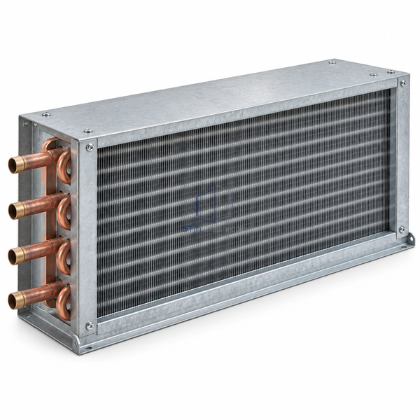 STjh four-row five-eighth-inch chilled-water cooling coil with a shallow cooling core and copper headers on white.