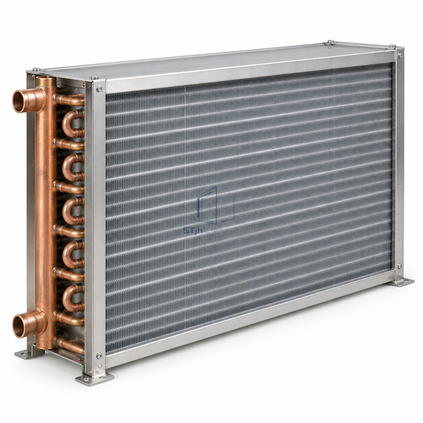 STjh six-row five-eighth-inch chilled-water cooling coil with a deeper six-row tube bank on white.