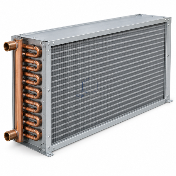 STjh eight-row five-eighth-inch chilled-water cooling coil with an extended deep finned block on white.