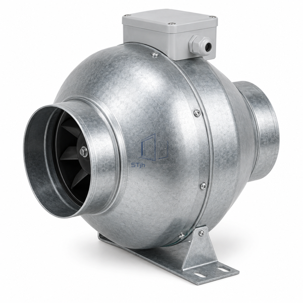STjh 100 mm 150 m3/h circular inline duct fan with a compact metal housing and small spigots on white.