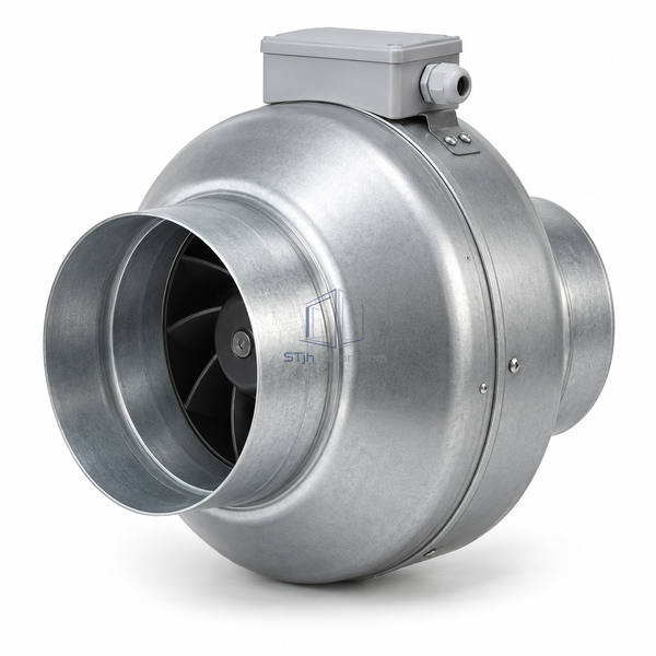 STjh 125 mm 188 m3/h circular inline duct fan with a rounded metal casing and wider duct connections on white.