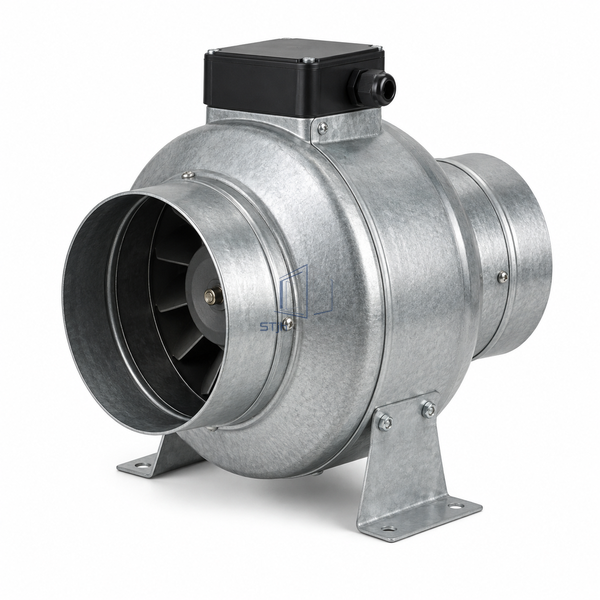 STjh 160 mm 508 m3/h circular inline duct fan with a broad centrifugal housing and large connections on white.