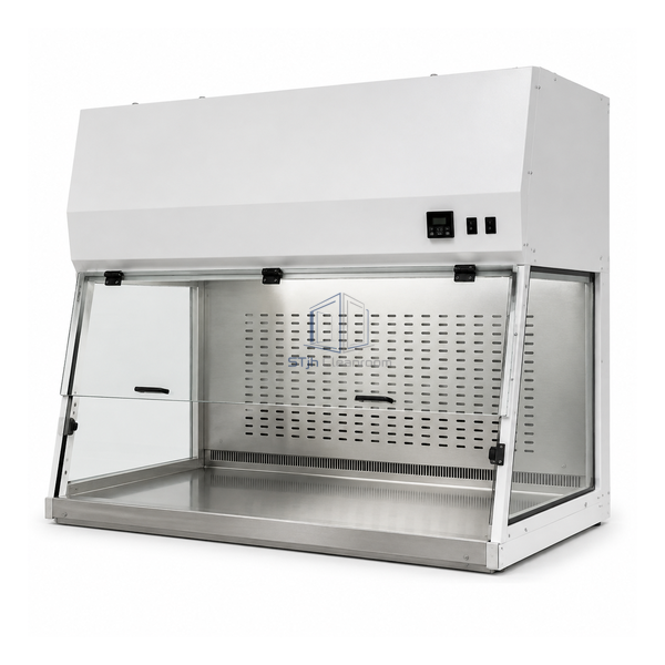STjh 1200 mm Class I biosafety cabinet with a broad front opening and digital airflow monitor on white