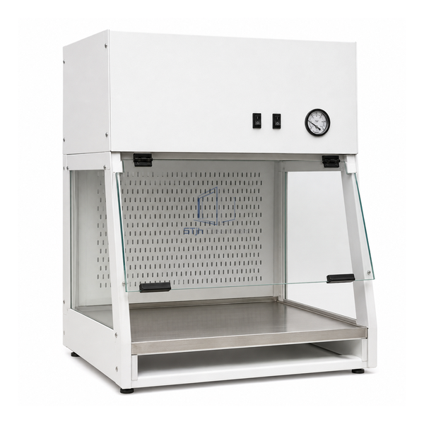 STjh 600 mm Class I biosafety cabinet with a compact glass enclosure and analog pressure gauge on white