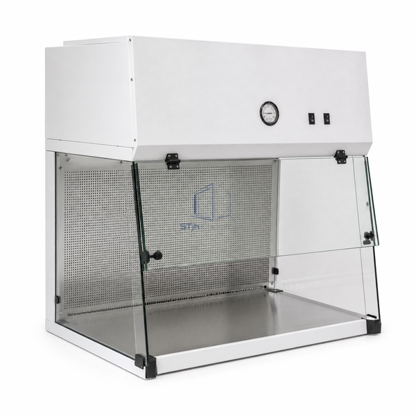 STjh 900 mm Class I biosafety cabinet showing the wider stainless work deck and hinged glass sash on white