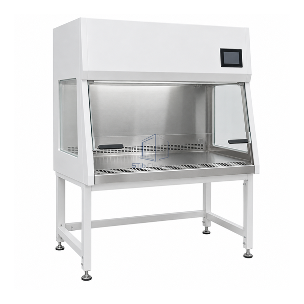 STjh 1200 mm Class II Type A2 cabinet with a medium-width glass sash, stainless work deck and adjustable support stand