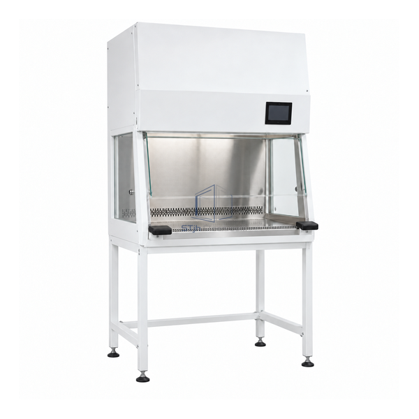 STjh 900 mm Class II Type A2 cabinet with a narrow stainless chamber, front intake grille and black armrests