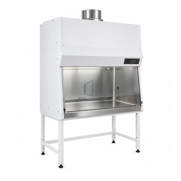 STjh 1200 mm Class II Type B2 cabinet with a round top exhaust collar and stainless steel work chamber