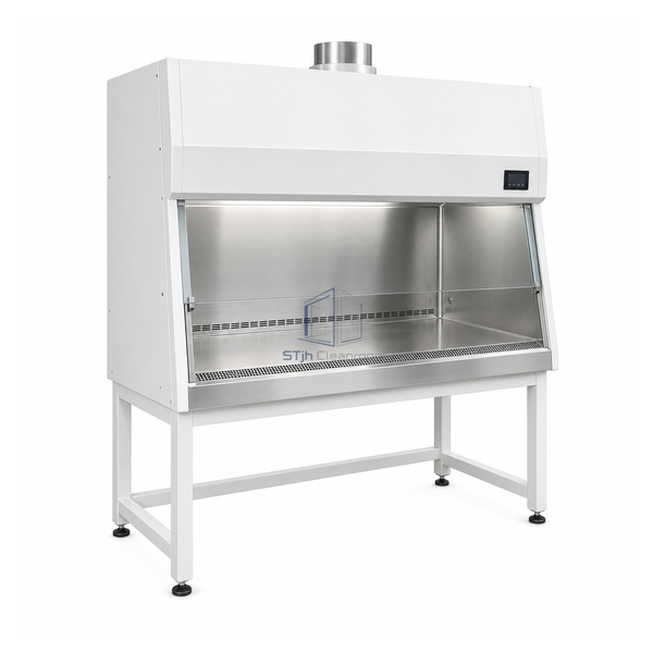 STjh 1800 mm Class II Type B2 cabinet showing a broad stainless work deck, angled sash and upper exhaust connection
