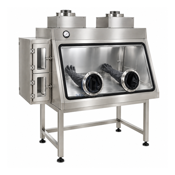 STjh 1067 mm Class III cabinet with two inward glove sleeves, a side transfer airlock and stainless support frame