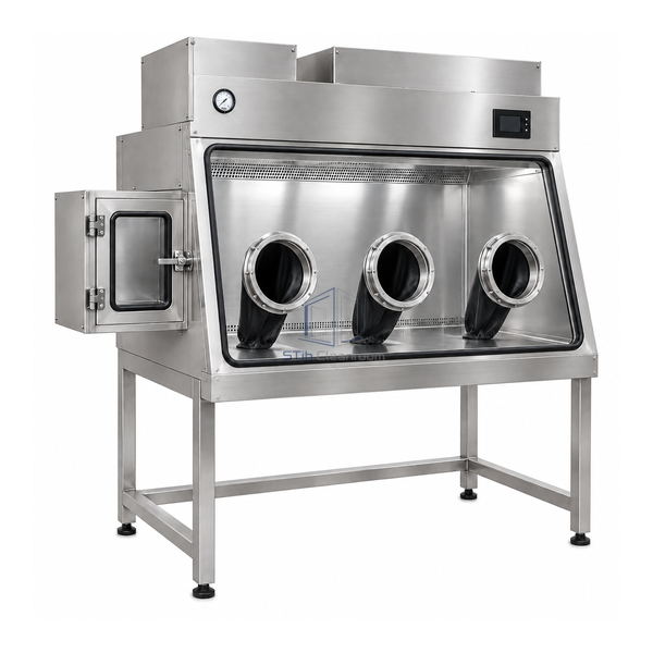 STjh 1372 mm Class III cabinet showing three glove ports across a sealed viewing window and a left transfer chamber
