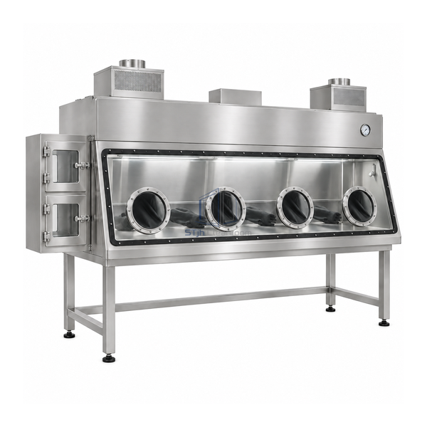 STjh 1985 mm Class III cabinet with four glove ports, a long enclosed work deck and upper filtration housings