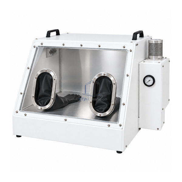 STjh 760 mm portable Class III glovebox with oval glove ports, carrying handles and a side filter module