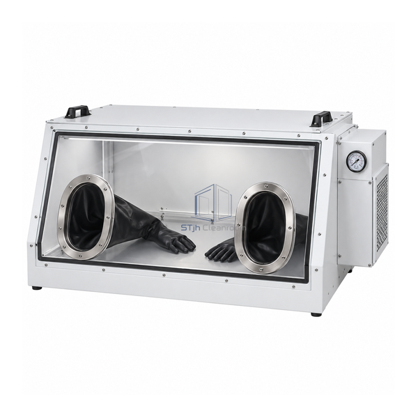 STjh 915 mm portable Class III glovebox showing a broad viewing pane and two gloves extending into the chamber