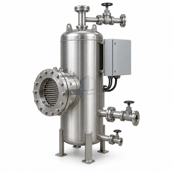 STjh 120 lb/h clean steam exchange humidifier with a larger vessel and heat-exchanger service flange on white.