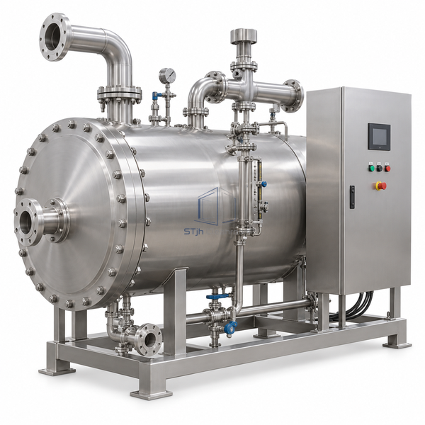STjh 180 lb/h clean steam exchange humidifier with a broad vessel and substantial steam pipe connections on white.