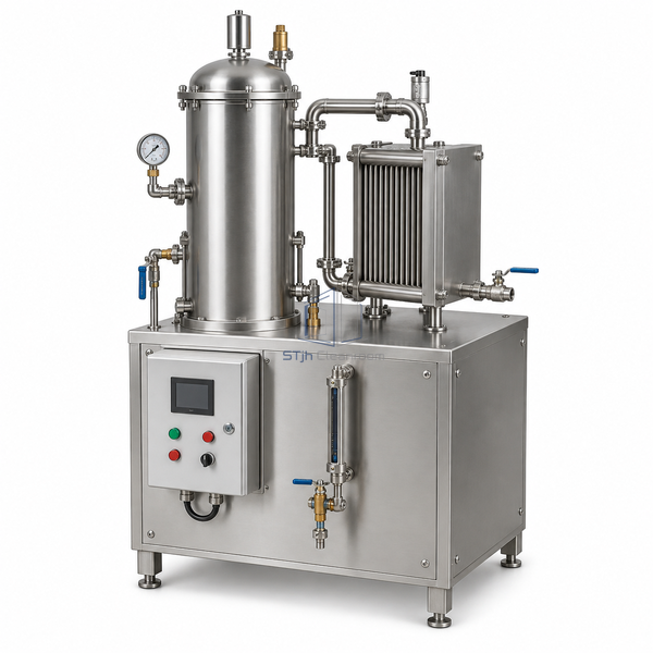 STjh 35 lb/h clean steam exchange humidifier with a compact vessel and small steam connections on white.