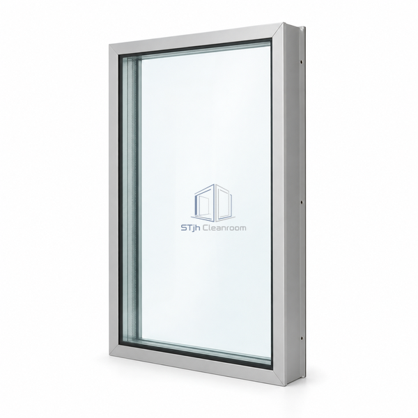 STjh 400 x 600 mm cleanroom door vision-panel component on white, with a tall clear double-glazed center and narrow retaining perimeter.
