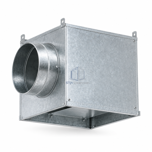 STJH-CLEANROOM-AIR-DISTRIBUTION-PLENUM-300-DN160 white-background main view of compact galvanized box and side spigot