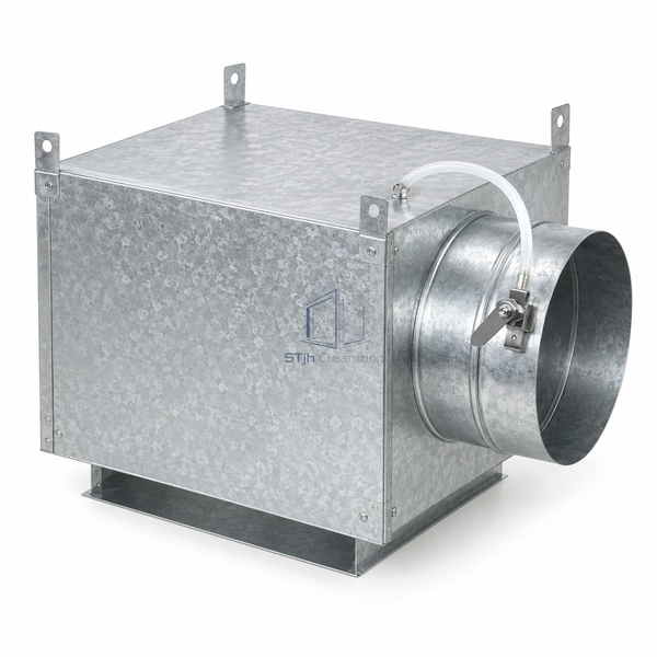 STJH-CLEANROOM-AIR-DISTRIBUTION-PLENUM-400-DN200 white-background main view showing medium plenum and round side inlet