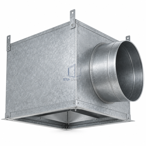 STJH-CLEANROOM-AIR-DISTRIBUTION-PLENUM-600-DN315 white-background main view of large deep plenum and broad side collar