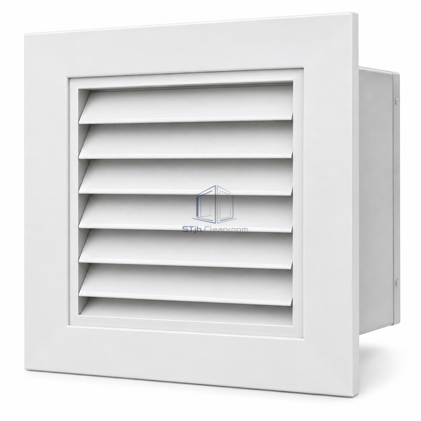 STJH-CLEANROOM-AIR-TRANSFER-GRILLE-200X200 white-background main view of compact square cover and privacy louvers