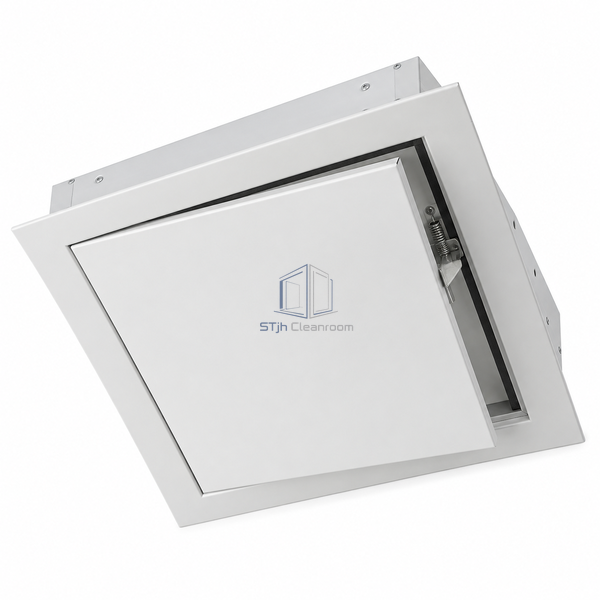 STJH-CLEANROOM-CEILING-ACCESS-PANEL-600-GI flush white galvanized ceiling hatch on a white background