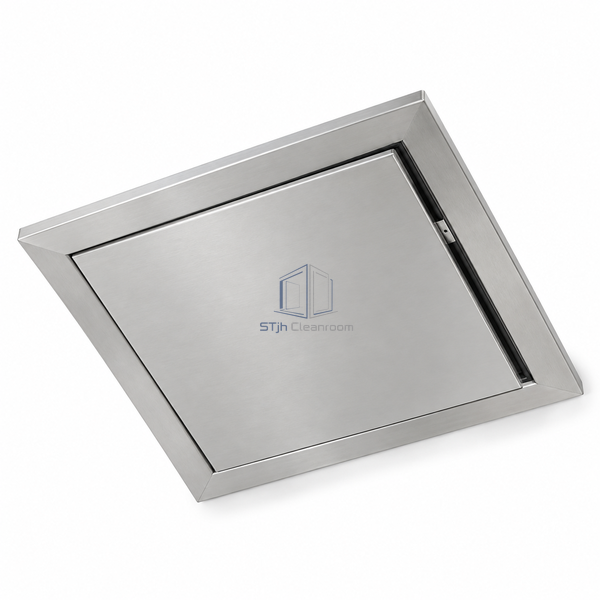 STJH-CLEANROOM-CEILING-ACCESS-PANEL-625-SS stainless flush hatch and perimeter seal on a white background
