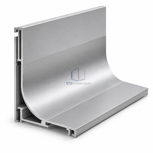 STJH-CLEANROOM-COVE-BASE-SKIRTING-R60-STANDARD exposed aluminum floor cove assembly on a white background