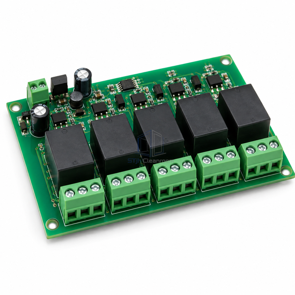 STJH five-door single-board cleanroom interlock controller with terminal blocks and relay components on a white background.