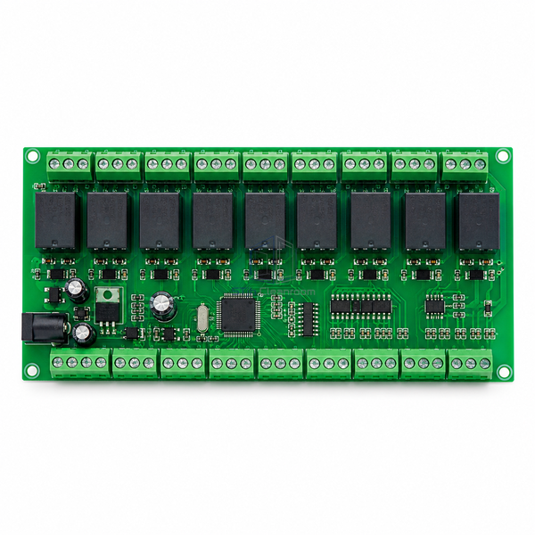 STJH nine-door interlock circuit board with extended terminal banks, isolated on white.