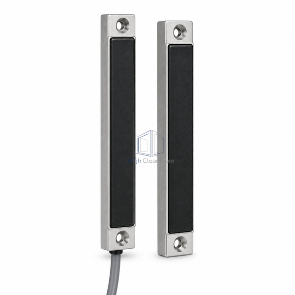 STjh encoded multi-magnet sensor and matching elongated actuator with metal mounting faces on a white background.