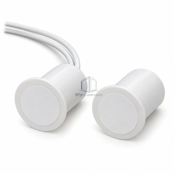 STjh recessed door sensor showing two cylindrical bodies with round flanges and sensor leads on white.