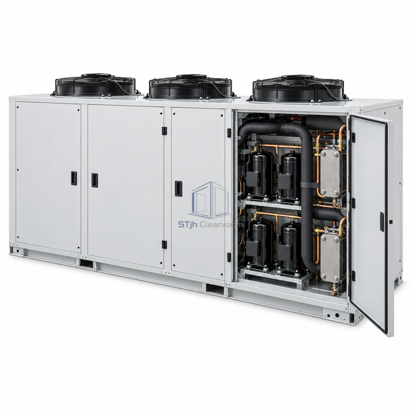 STjh 73 kW cleanroom DX air conditioning unit with three fan sections and an open compressor service bay on white.
