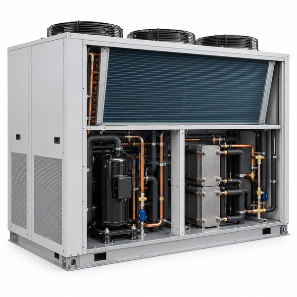 STjh 81 kW cleanroom DX air conditioning unit with a medium refrigeration assembly visible in the service bay on white.