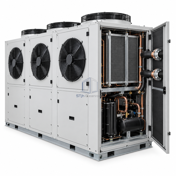 STjh 91 kW cleanroom DX air conditioning unit with larger condenser plates and paired glycol connections on white.