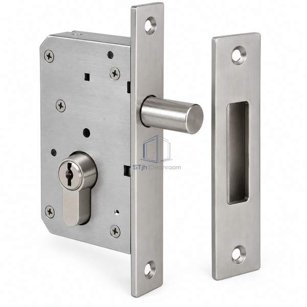 STJH key-override drop-bolt assembly with Euro-profile cylinder, pin and strike on a white background.