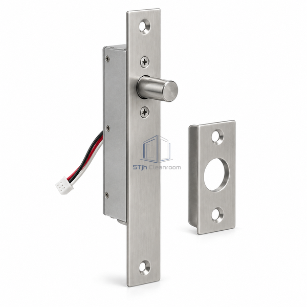 STJH monitored stainless drop-bolt lock with projecting pin and strike plate on white.
