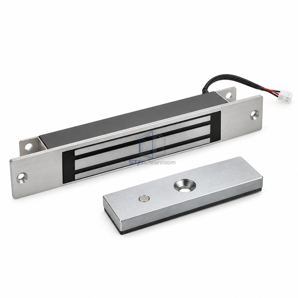 STJH recessed sliding-door magnet with narrow faceplate and matching armature on a white background.