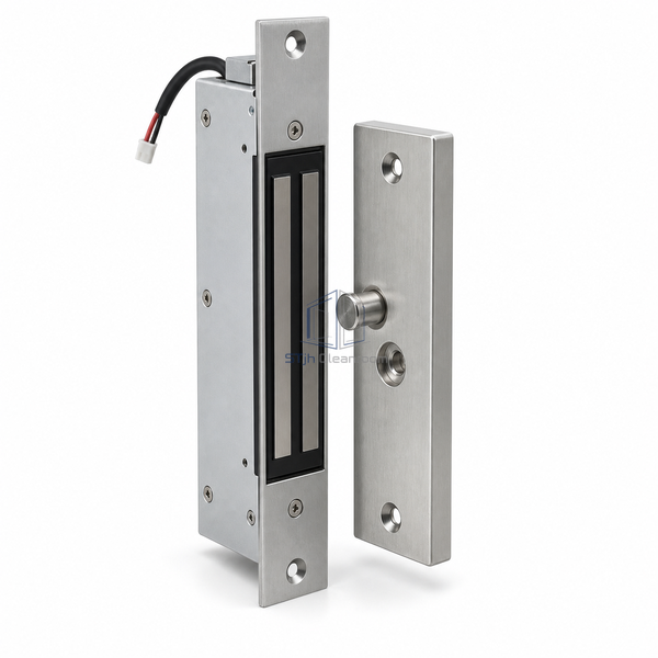 STJH concealed shear lock and matching alignment armature isolated on white.
