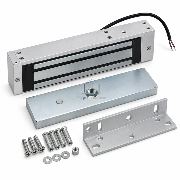 STJH surface-mounted single-door magnetic lock and armature plate shown on white.