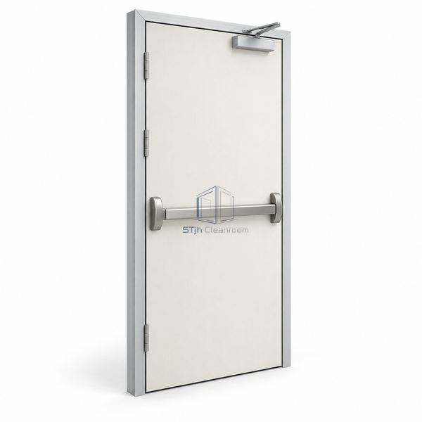 STjh 950 mm HPL cleanroom exit door with a plain laminate leaf, panic bar and exposed closer against white.