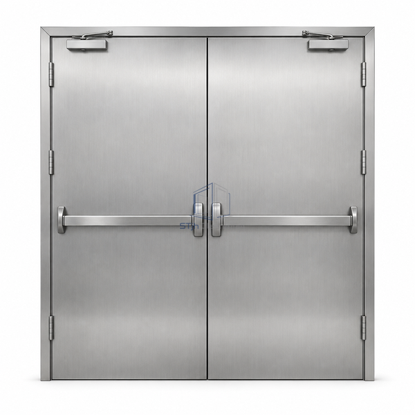 STjh double-leaf stainless cleanroom emergency exit door with two brushed-metal panels and horizontal panic bars on white.