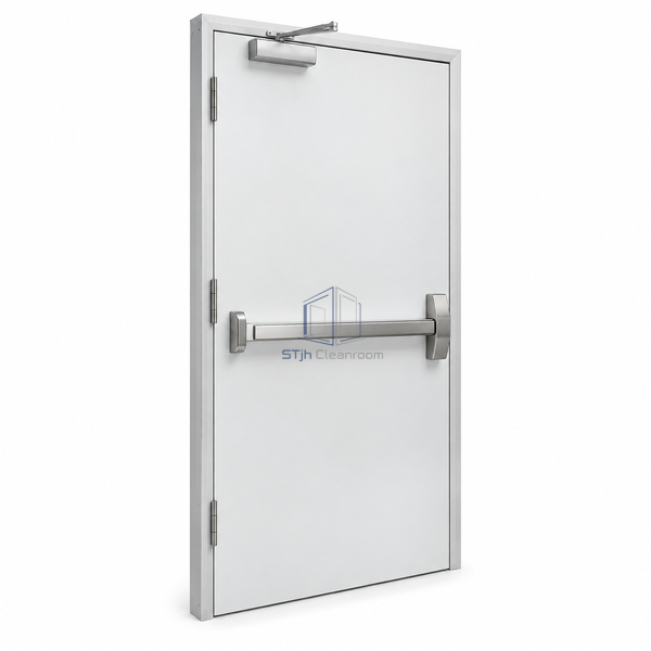 STjh single-leaf steel cleanroom panic-exit door with horizontal push bar and overhead closer on a white background.